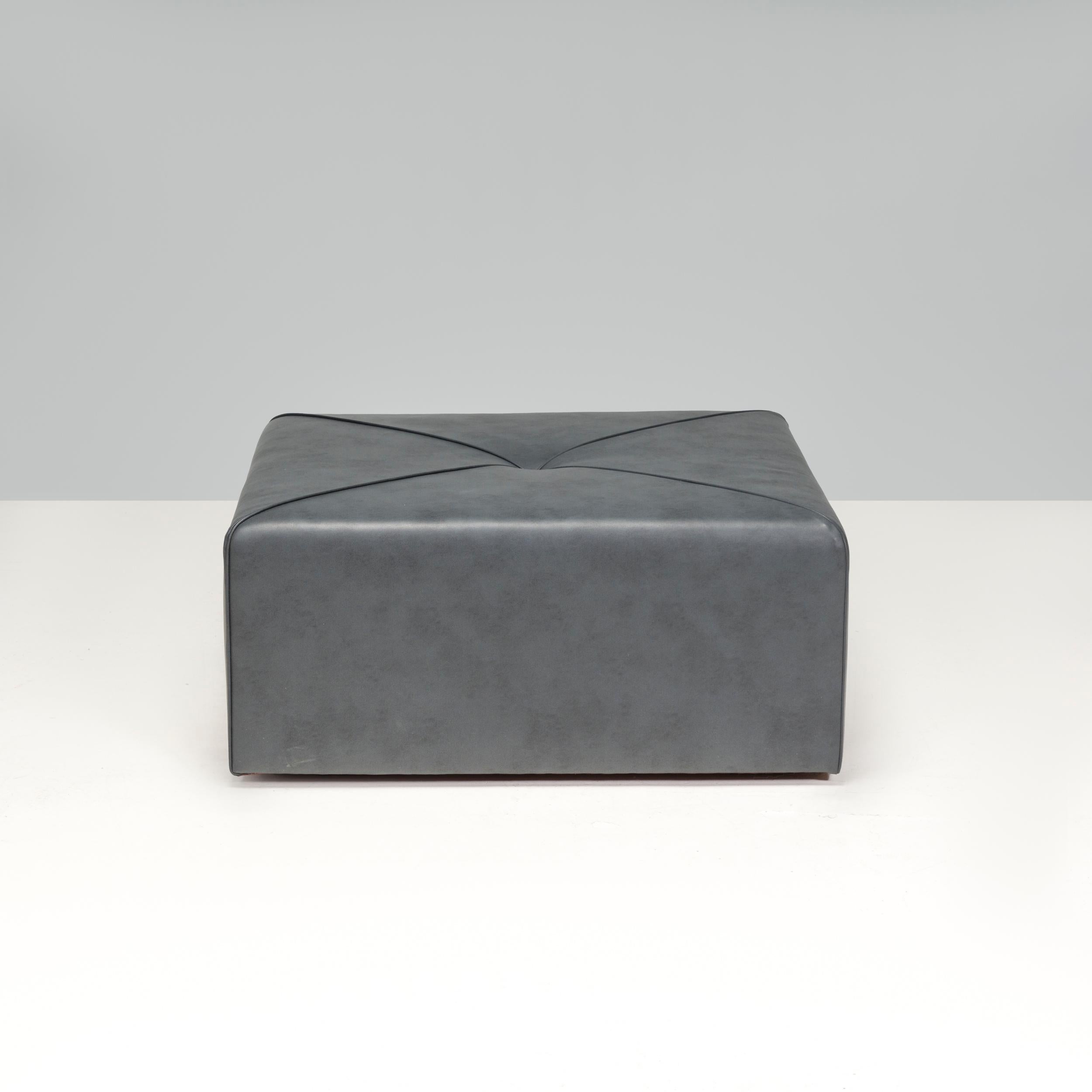 Modern Bespoke Dark Grey Leather Square Ottomans, Set of 2 For Sale