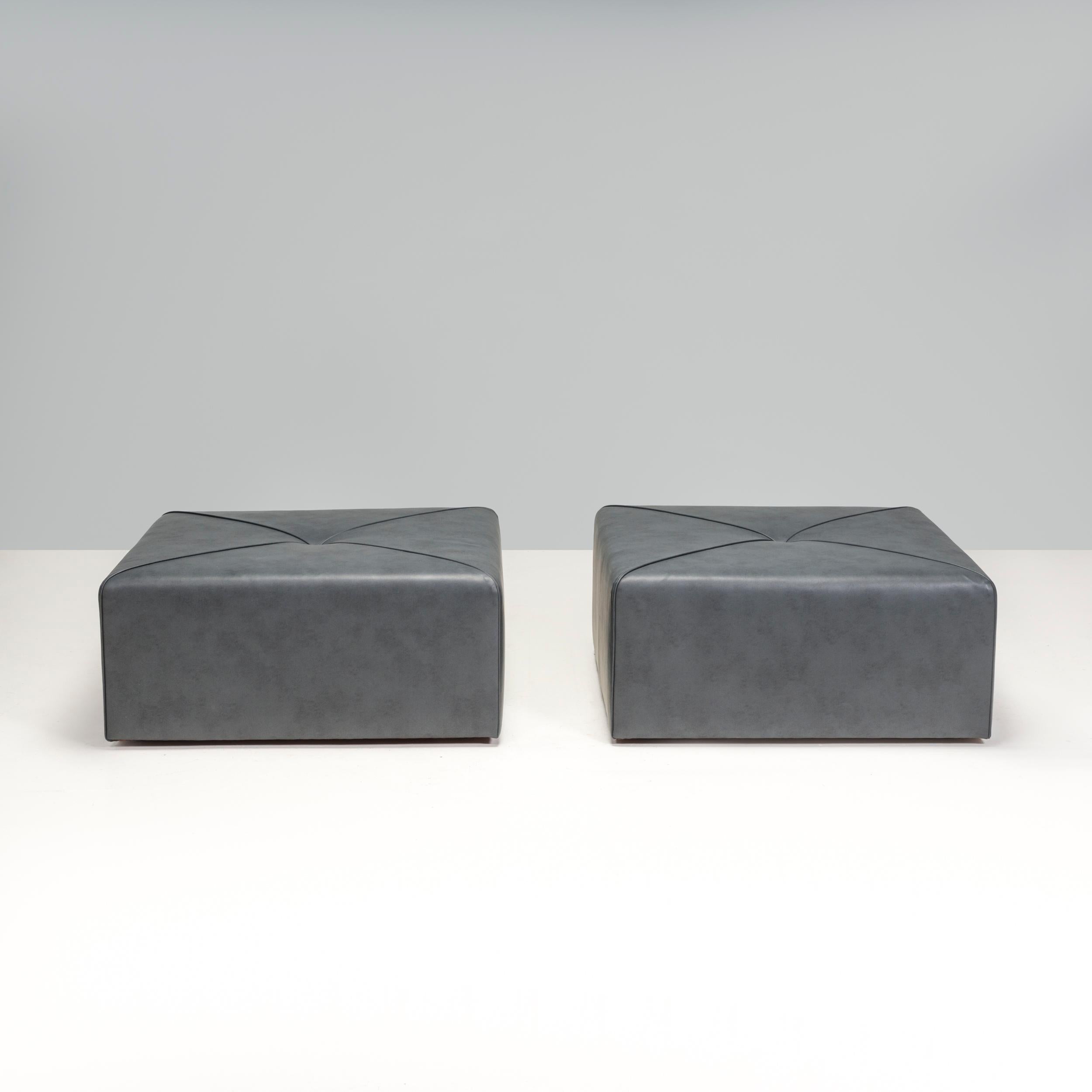 Bespoke Dark Grey Leather Square Ottomans, Set of 2 In Good Condition For Sale In London, GB