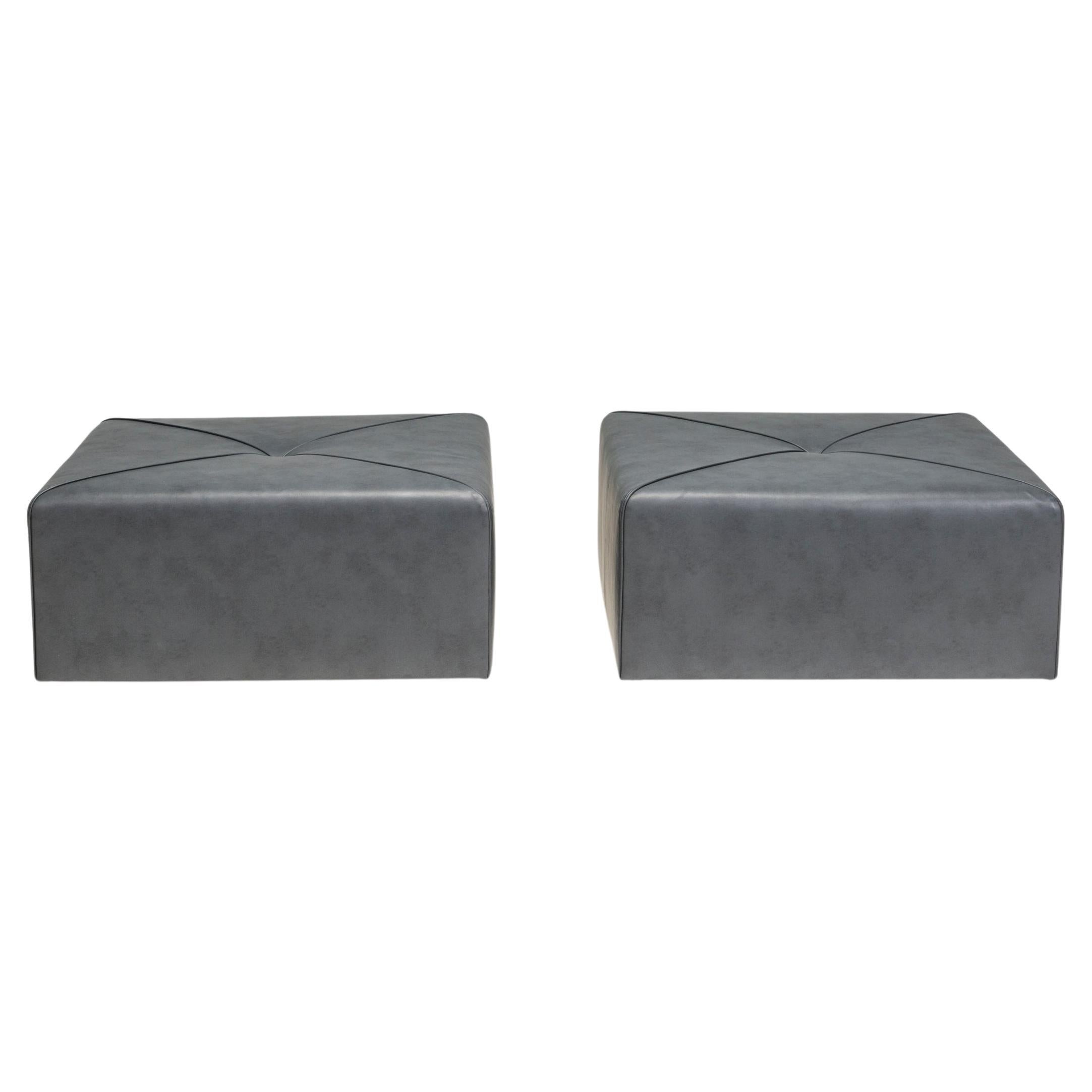 Bespoke Dark Grey Leather Square Ottomans, Set of 2 For Sale