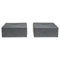 Used Bespoke Dark Grey Leather Square Ottomans, Set of 2