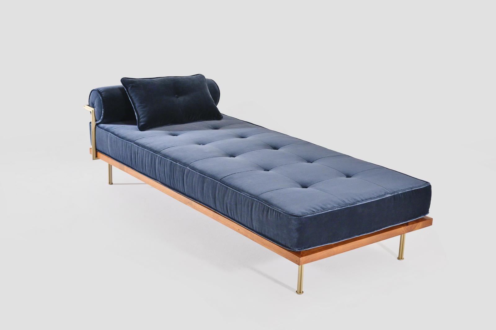 Classic daybed, reclaimed teak wood and brass structure in golden sand, by P. Tendercool
 
Made to your order. We just created this daybed for a New York based client who opted for Jim Thompson fabric.
We do not carry our own fabric collections so