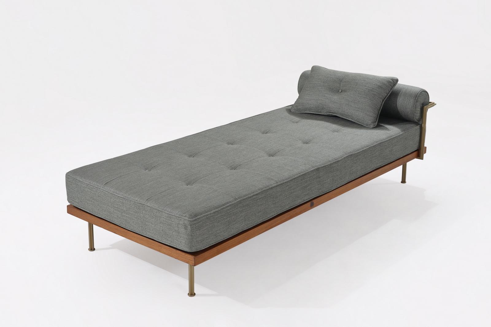 Classic daybed, reclaimed teak and brass fittings, by P. Tendercool
 
Made to your order. We just created this daybed for a Hong Kong based client who opted for Jim Thompson fabric.
We do not carry our own fabric collections so we accept C.O.M :