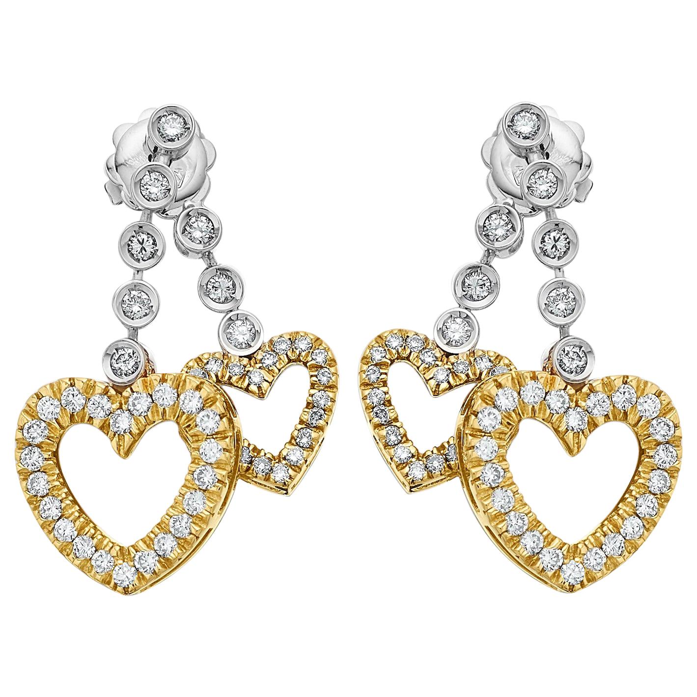 Bespoke Design Diamond Twin Love Heart Drop Earrings in 18K Gold For Sale