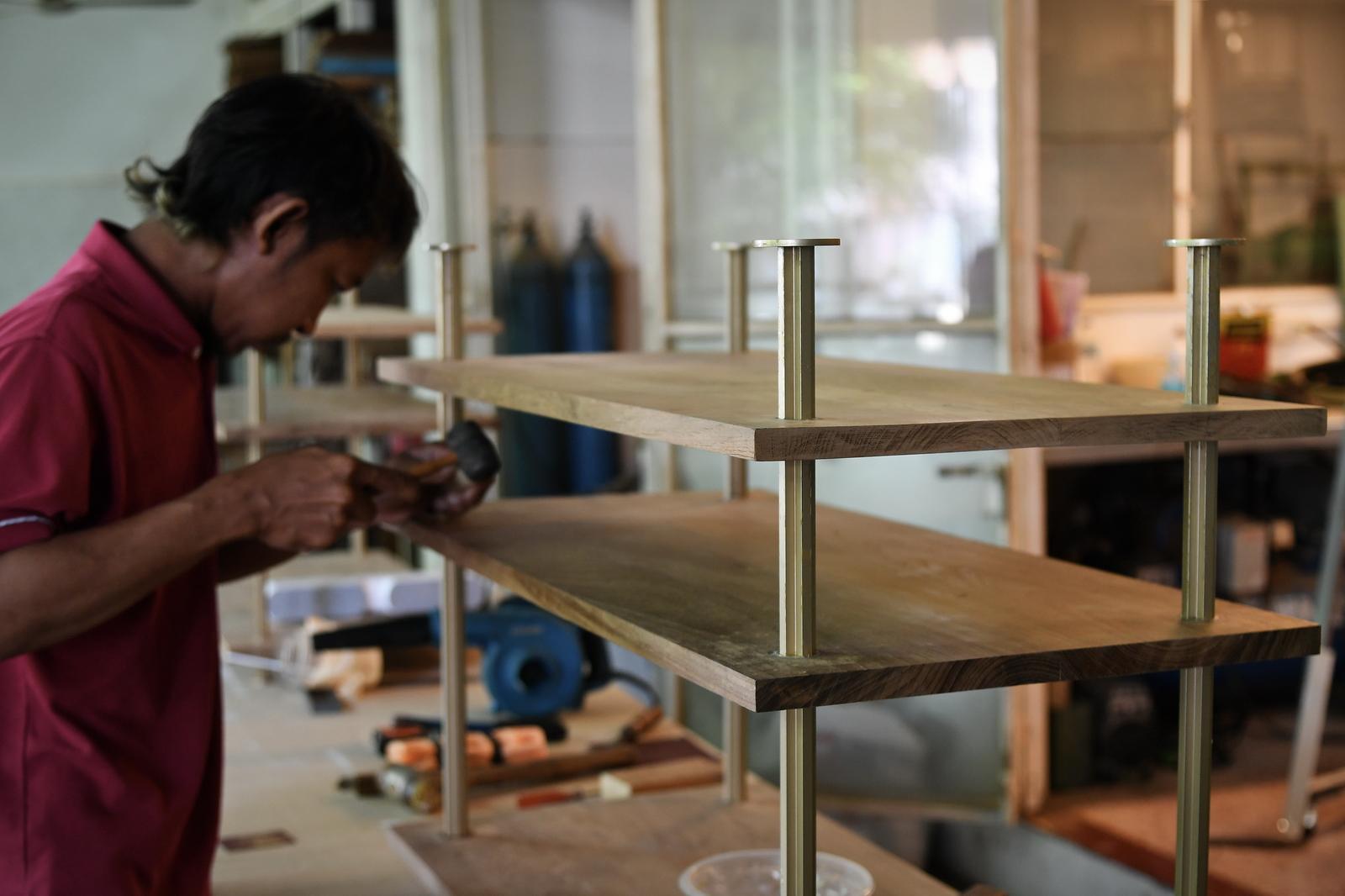 Bespoke Desk, Reclaimed Teak Hardwood, and Brass Frame, by P. Tendercool For Sale 10