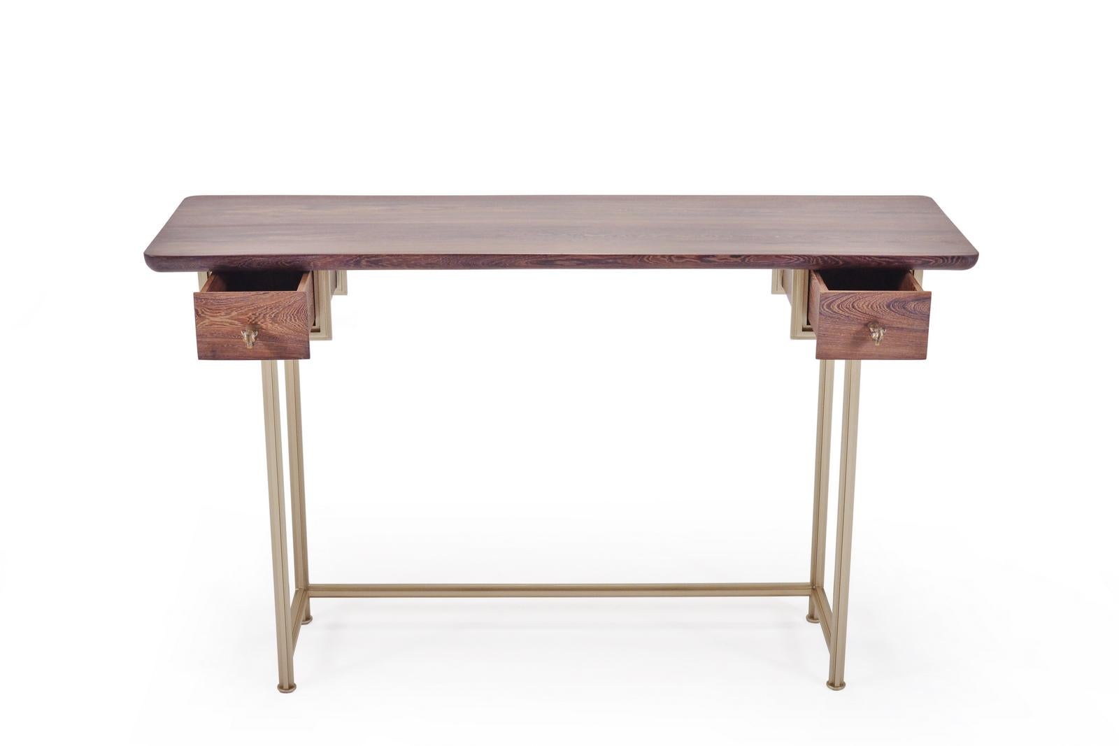 Bespoke Desk, Reclaimed Wood, Extruded Hand Weld Brass Frame, by P. Tendercool For Sale 2