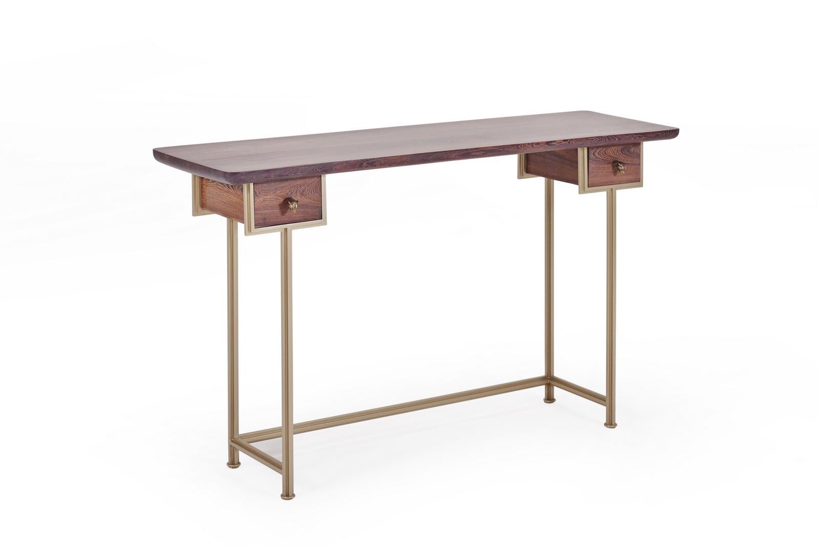 Ming Bespoke Desk, Reclaimed Wood, Extruded Hand Weld Brass Frame, by P. Tendercool For Sale