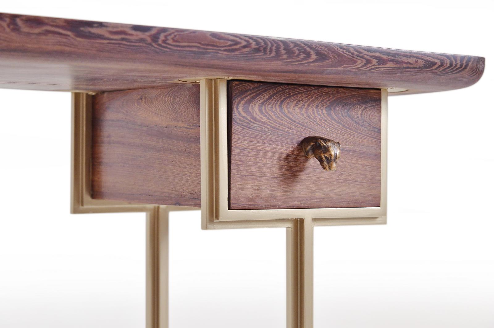 Woodwork Bespoke Desk, Reclaimed Wood, Extruded Hand Weld Brass Frame, by P. Tendercool For Sale
