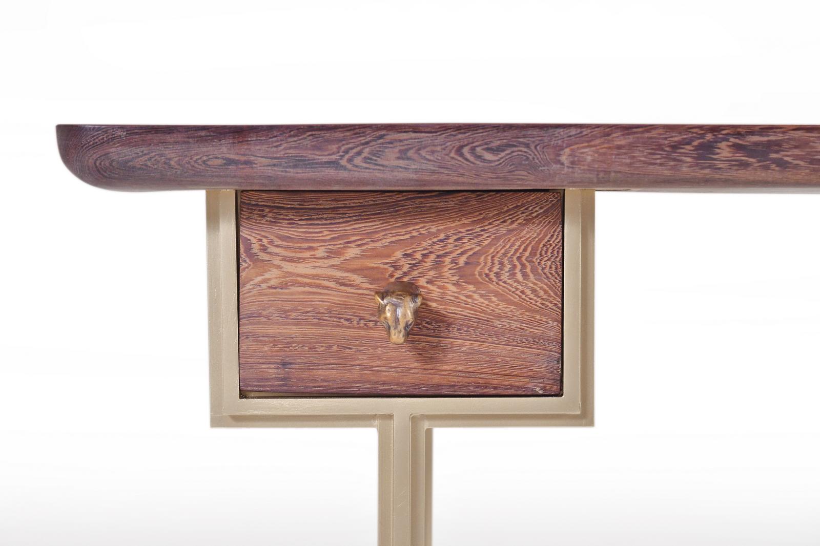 Bespoke Desk, Reclaimed Wood, Extruded Hand Weld Brass Frame, by P. Tendercool In New Condition For Sale In Bangkok, TH