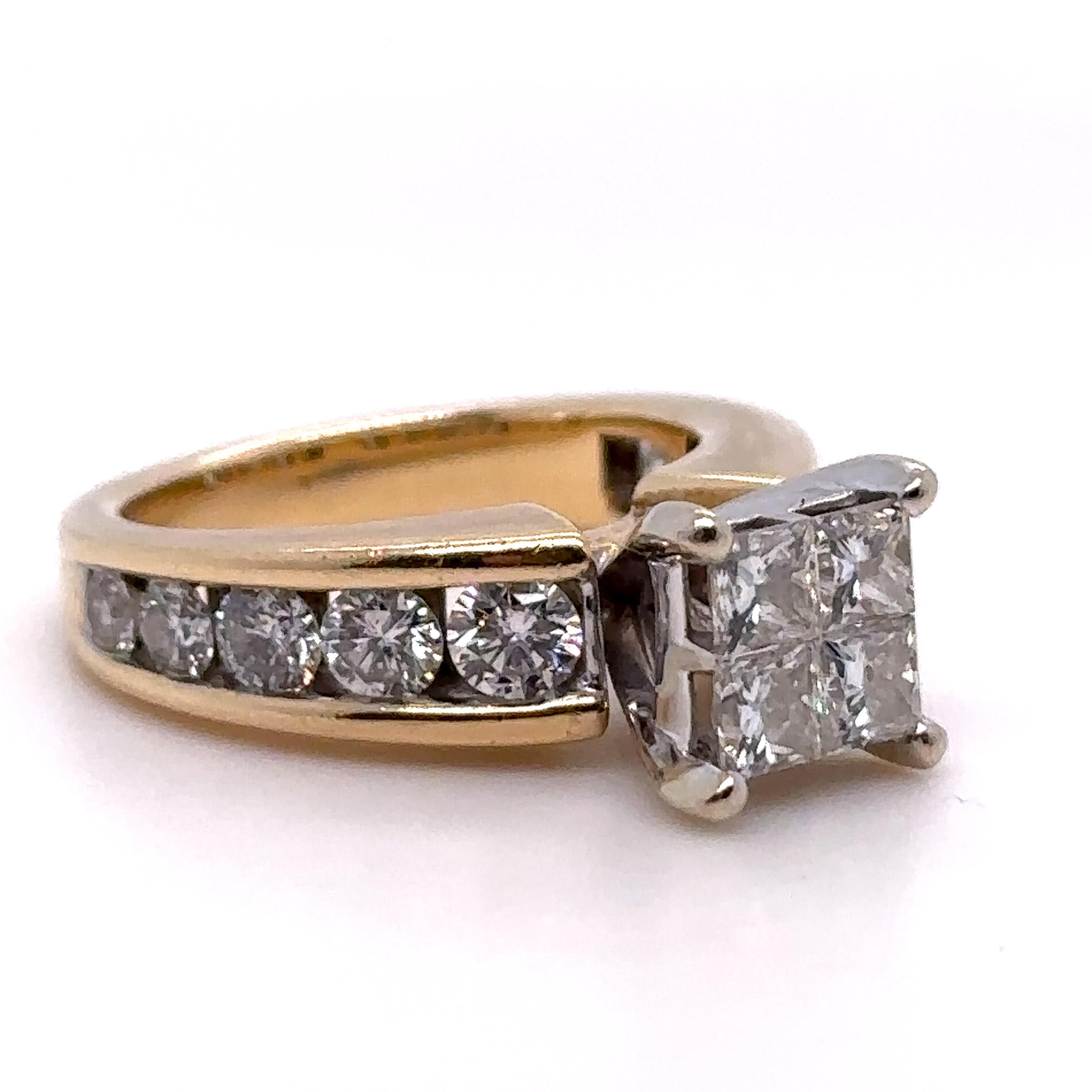 A Diamond Engagement ring, made of 14 ct Yellow Gold, and weighing 6.67 gm. Stamped: 585.

Set with 4 princess, brilliant cut Diamonds, colour G and clarity SI. with a total weight of 1.00 ct.

Additionally set with 10 round, brilliant cut Diamonds,