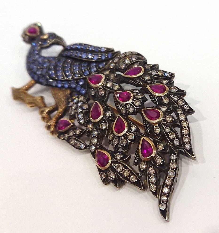 Bespoke Diamond, Sapphire and Ruby Brooch In Good Condition For Sale In London, GB