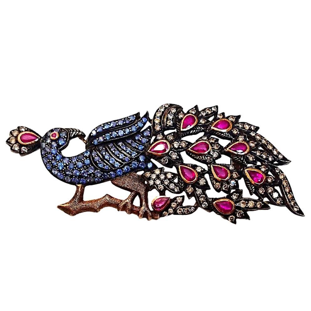 Bespoke Diamond, Sapphire and Ruby Brooch For Sale