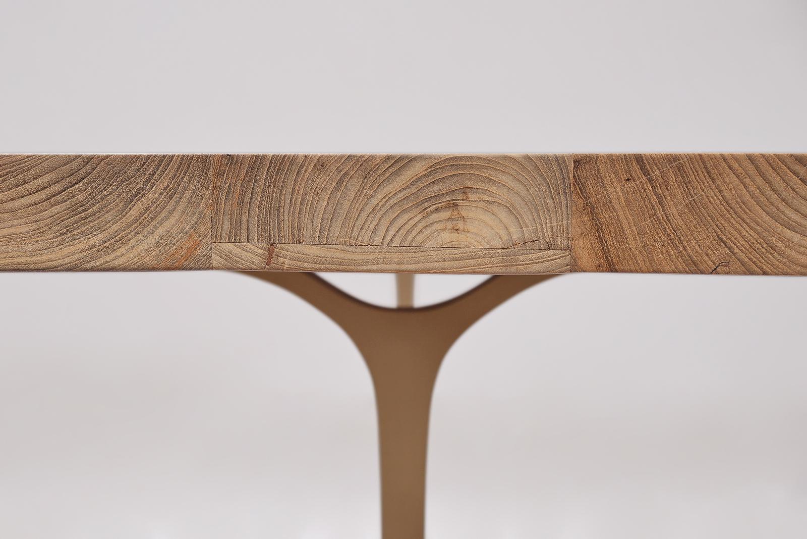 Bespoke Dining Table, Reclaimed Hardwood, Brass Base by P. Tendercool 'In-Stock' For Sale 5
