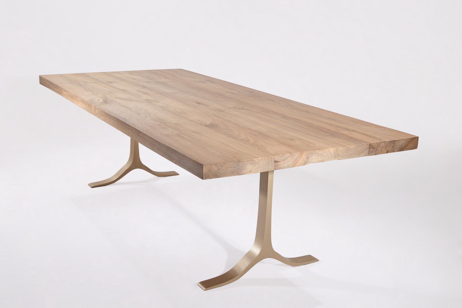 Minimalist Bespoke Dining Table, Reclaimed Hardwood, Brass Base by P. Tendercool 'In-Stock' For Sale
