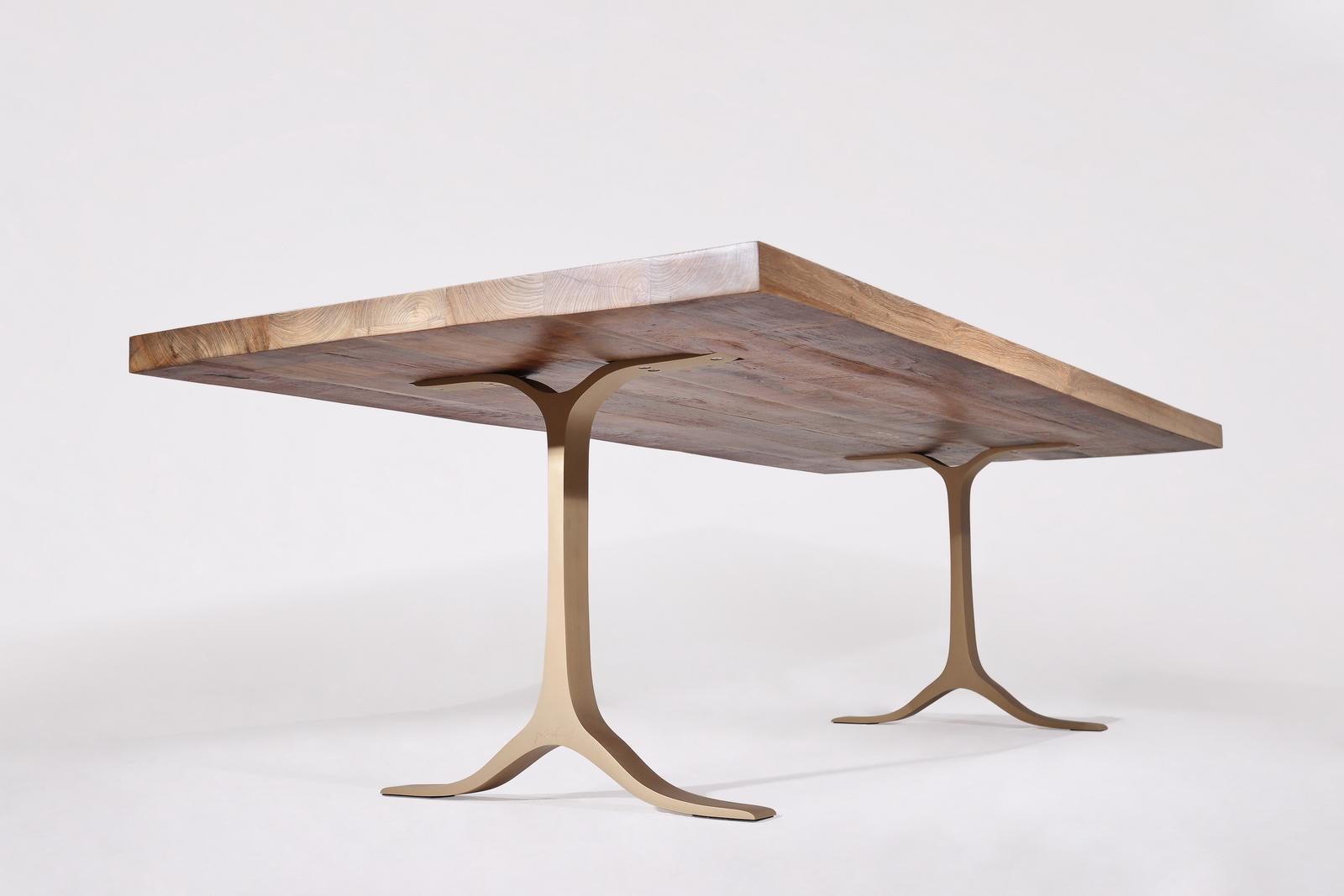 Bespoke Dining Table, Reclaimed Hardwood, Brass Base by P. Tendercool 'In-Stock' In New Condition For Sale In Bangkok, TH