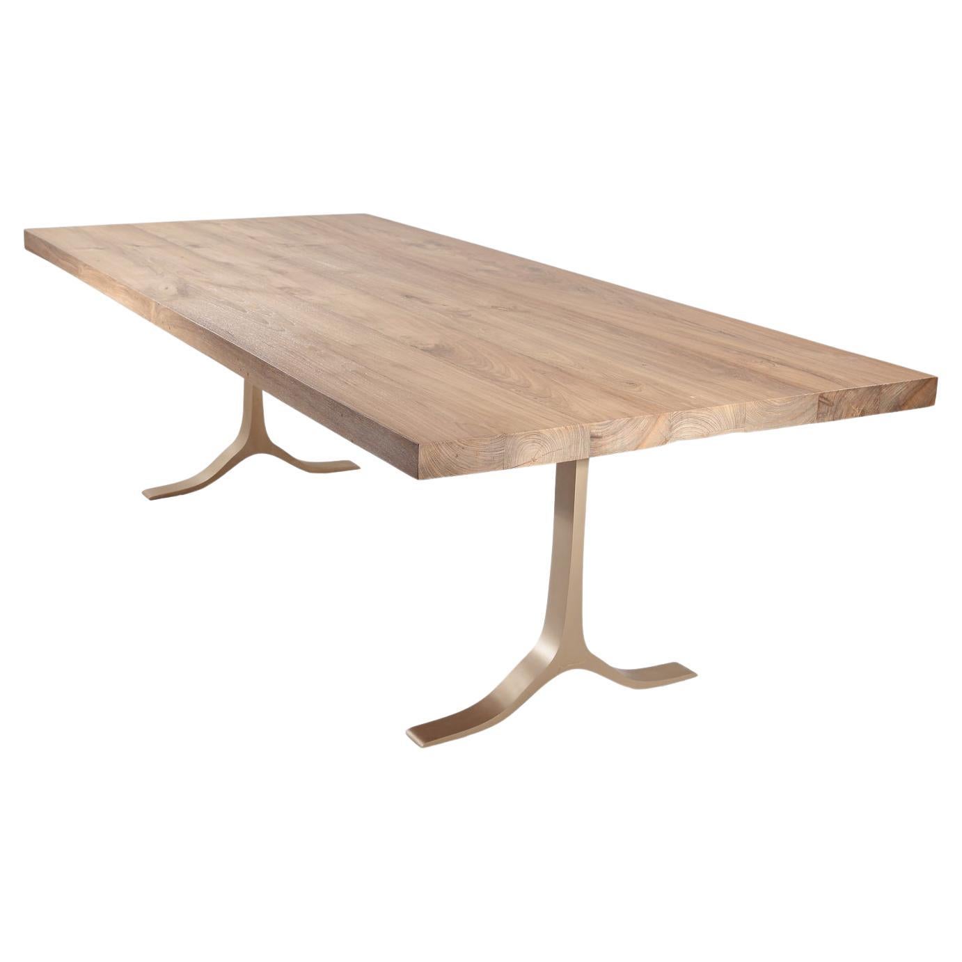 Bespoke Dining Table, Reclaimed Hardwood, Brass Base by P. Tendercool 'In-Stock' For Sale