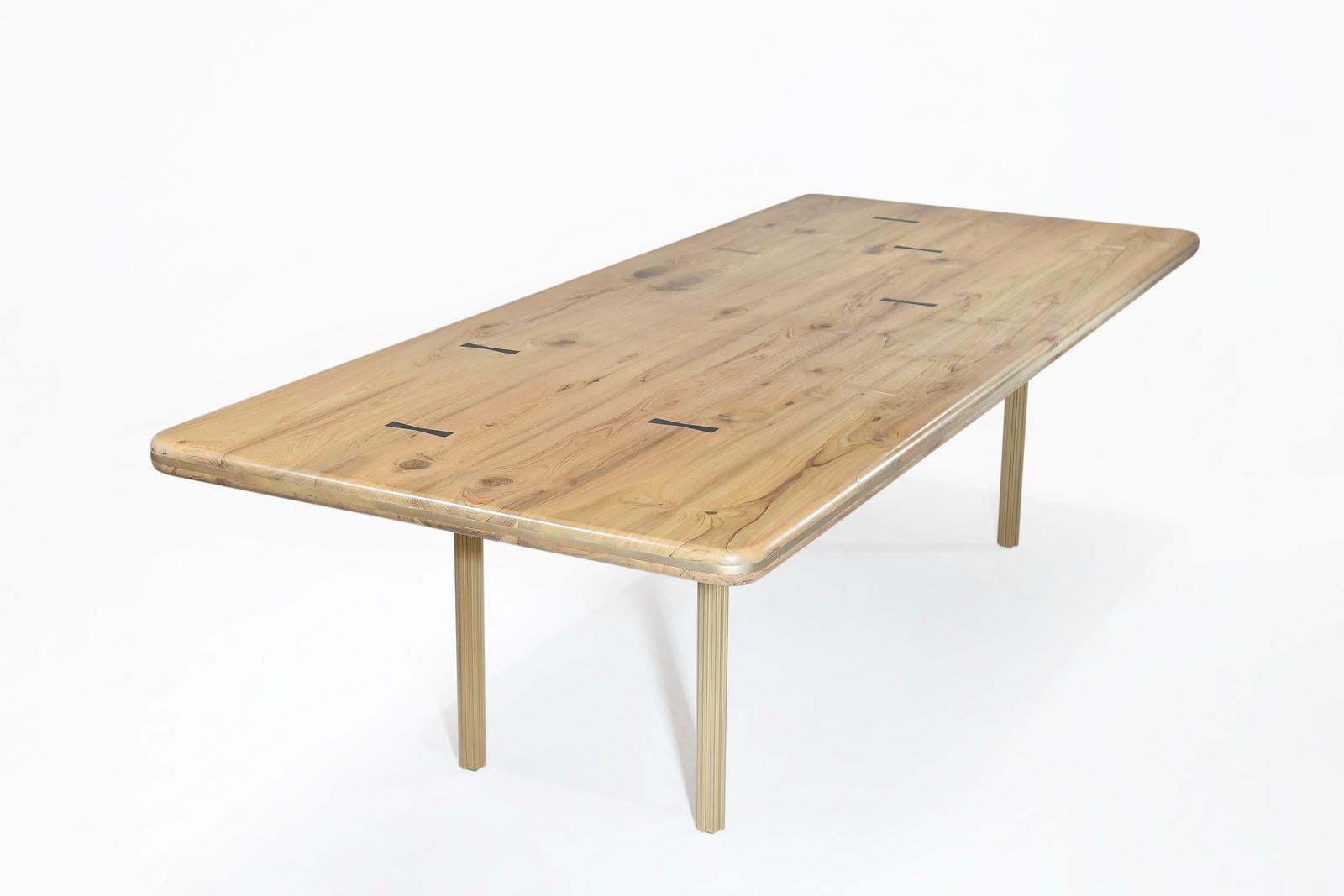Minimalist Bespoke Dining Table, Reclaimed Wood and Extruded Brass Base by P. Tendercool For Sale