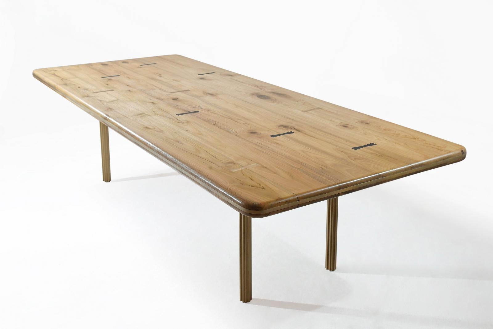 Thai Bespoke Dining Table, Reclaimed Wood and Extruded Brass Base by P. Tendercool For Sale