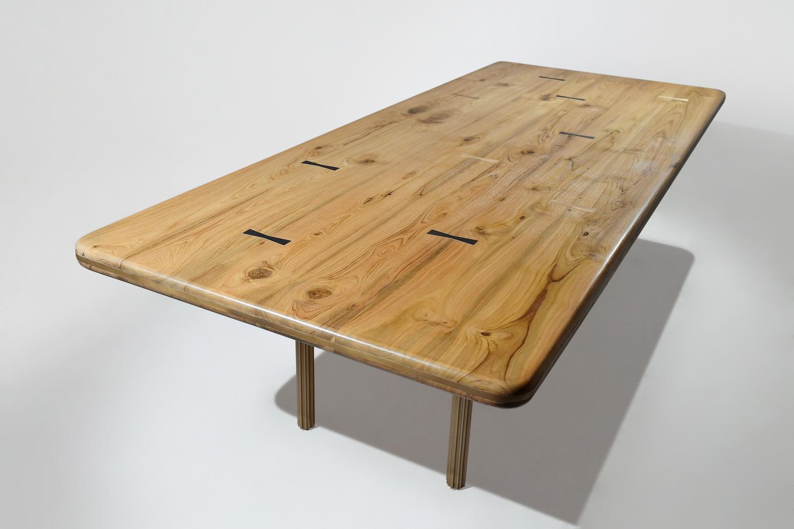 Hand-Crafted Bespoke Dining Table, Reclaimed Wood and Extruded Brass Base by P. Tendercool For Sale