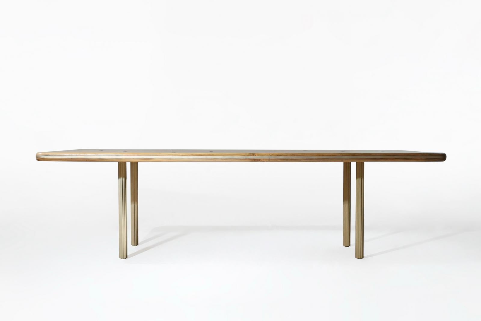 Bespoke Dining Table, Reclaimed Wood and Extruded Brass Base by P. Tendercool In New Condition For Sale In Bangkok, TH