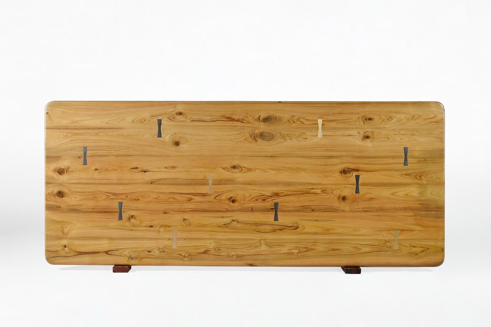 Contemporary Bespoke Dining Table, Reclaimed Wood and Extruded Brass Base by P. Tendercool For Sale