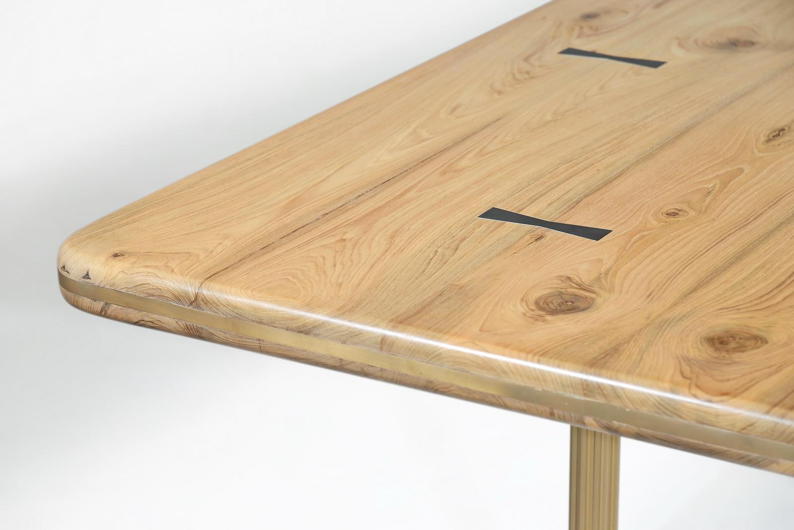 Bespoke Dining Table, Reclaimed Wood and Extruded Brass Base by P. Tendercool For Sale 1