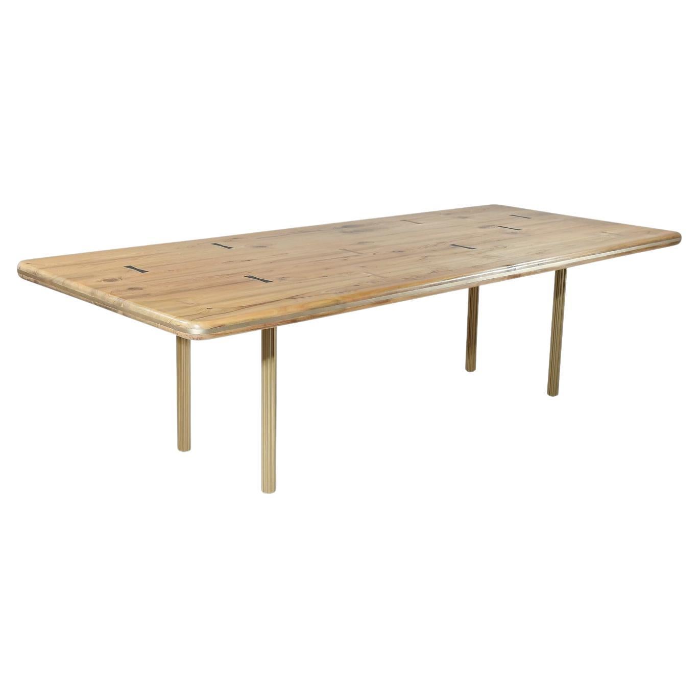Bespoke Dining Table, Reclaimed Wood and Extruded Brass Base by P. Tendercool For Sale