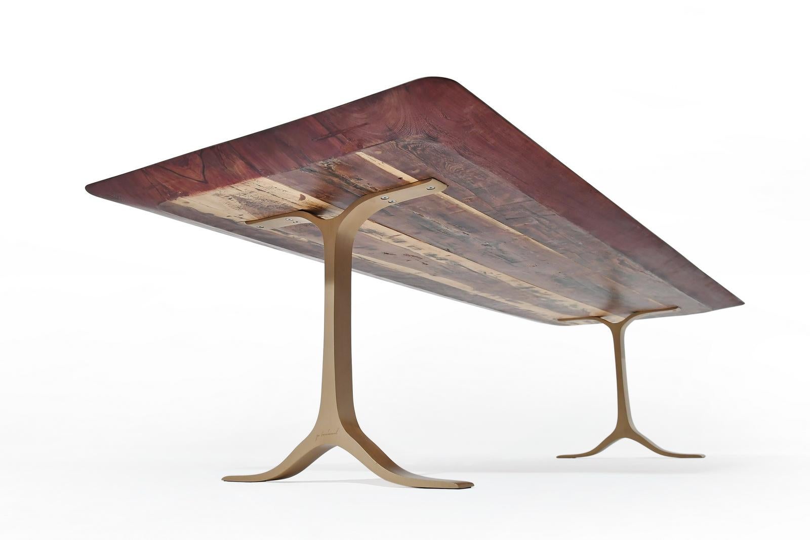 Bronze Bespoke Dining Table, Reclaimed Wood, Sand Cast Brass Base, by P. Tendercool For Sale
