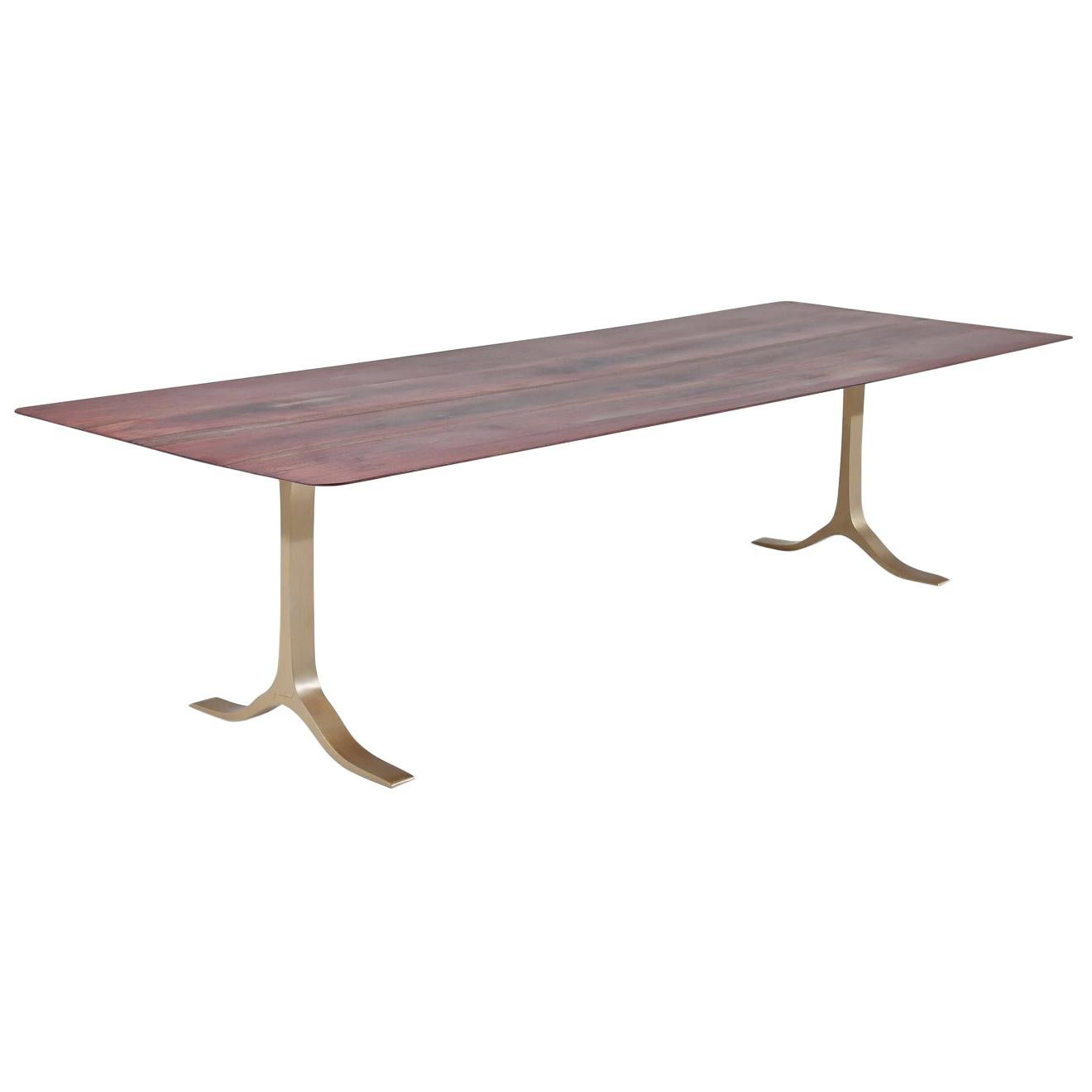 Bespoke Dining Table, Reclaimed Wood, Sand Cast Brass Base, by P. Tendercool For Sale