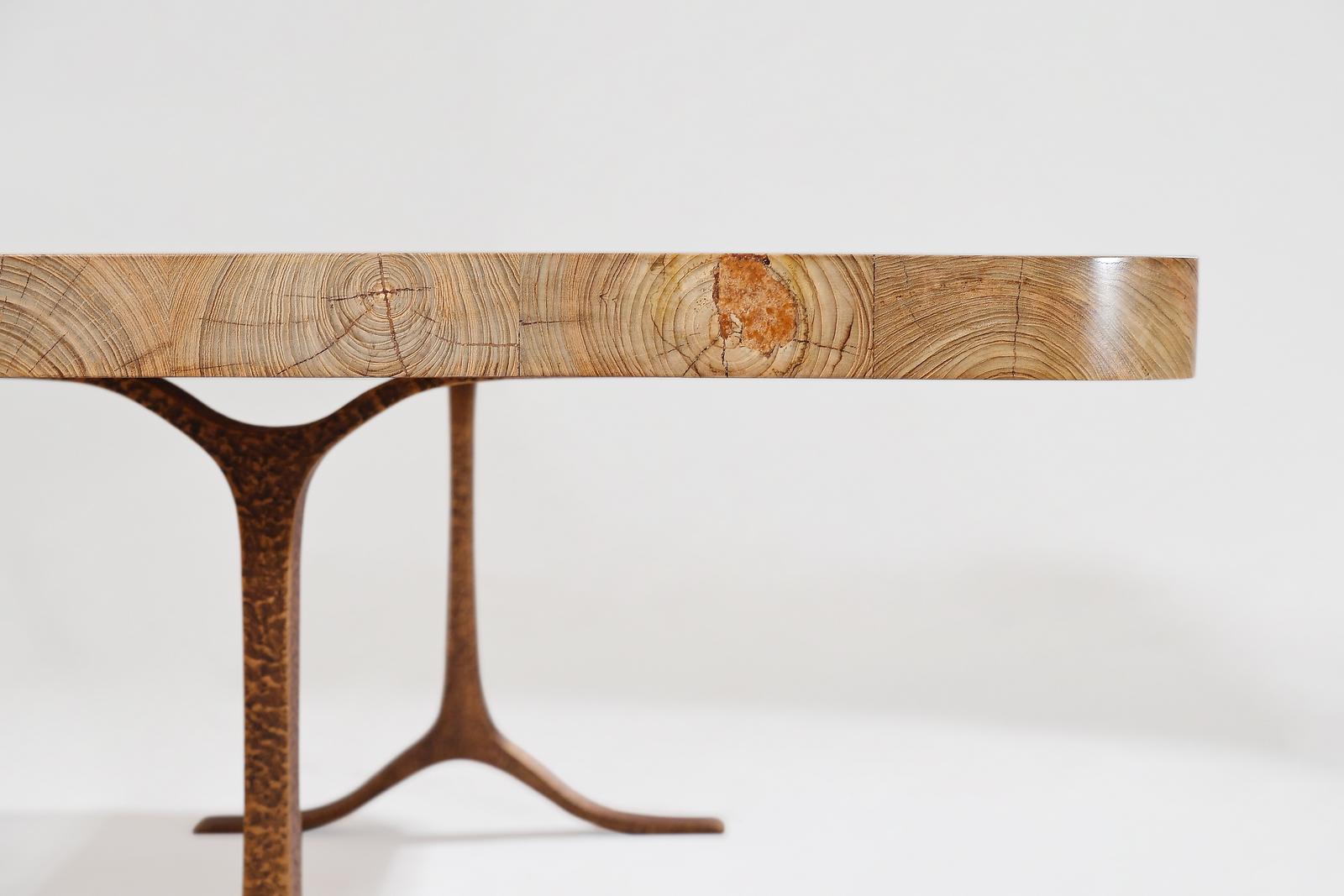 Bespoke Dining Table, Reclaimed Wood, Sand Cast Bronze Base, by P. Tendercool For Sale 4