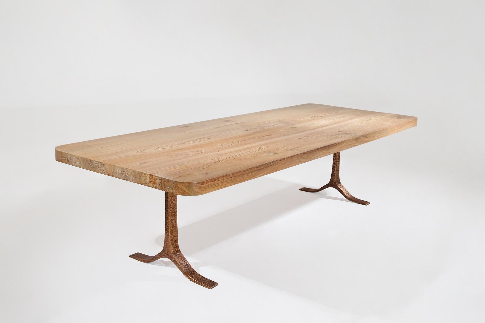 Minimalist Bespoke Dining Table, Reclaimed Wood, Sand Cast Bronze Base, by P. Tendercool For Sale