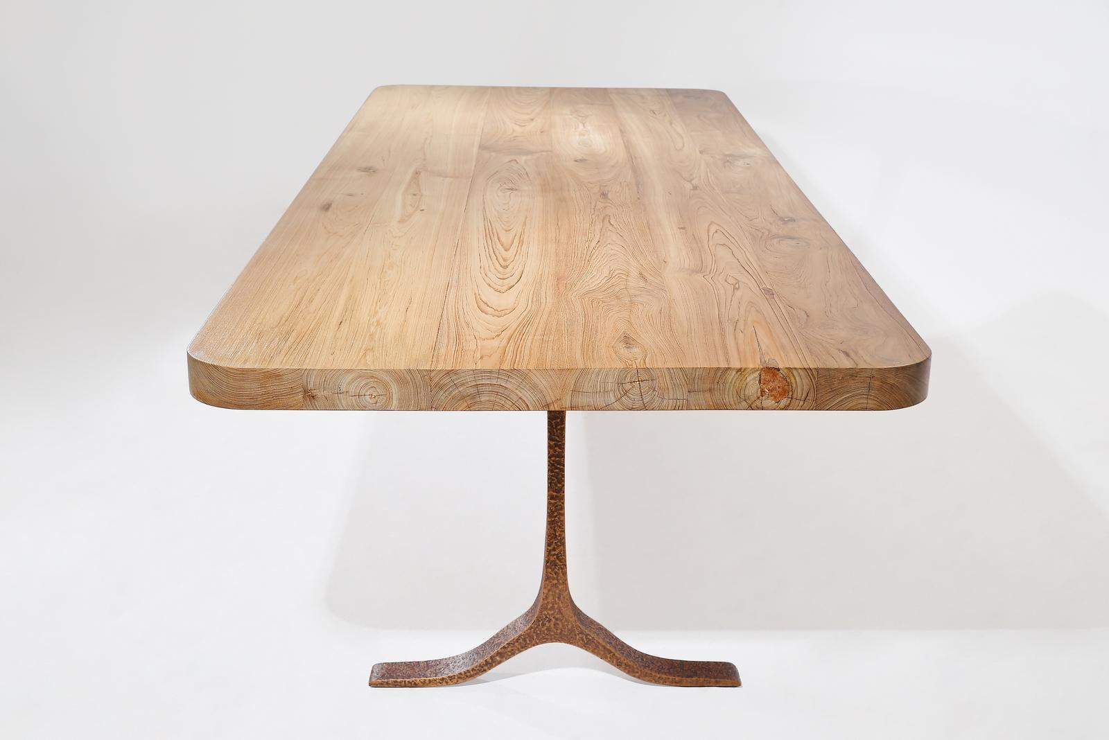 Thai Bespoke Dining Table, Reclaimed Wood, Sand Cast Bronze Base, by P. Tendercool For Sale