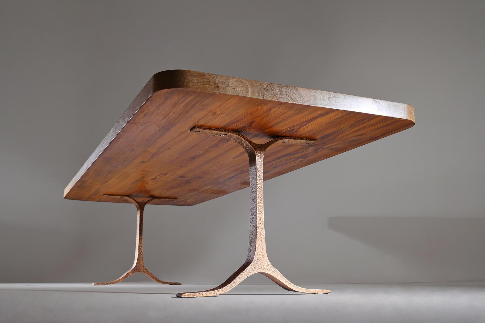 Contemporary Bespoke Dining Table, Reclaimed Wood, Sand Cast Bronze Base, by P. Tendercool For Sale