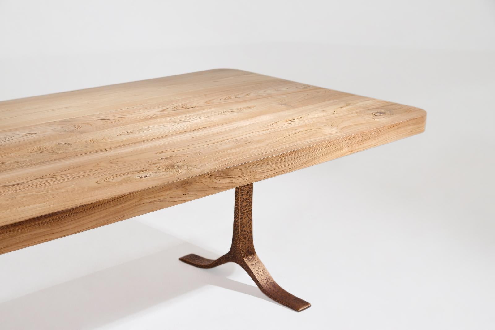 Bespoke Dining Table, Reclaimed Wood, Sand Cast Bronze Base, by P. Tendercool For Sale 3