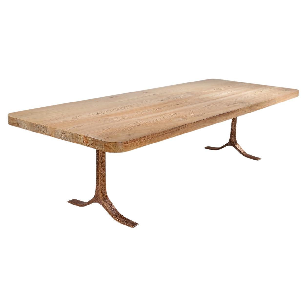 Bespoke Dining Table, Reclaimed Wood, Sand Cast Bronze Base, by P. Tendercool For Sale