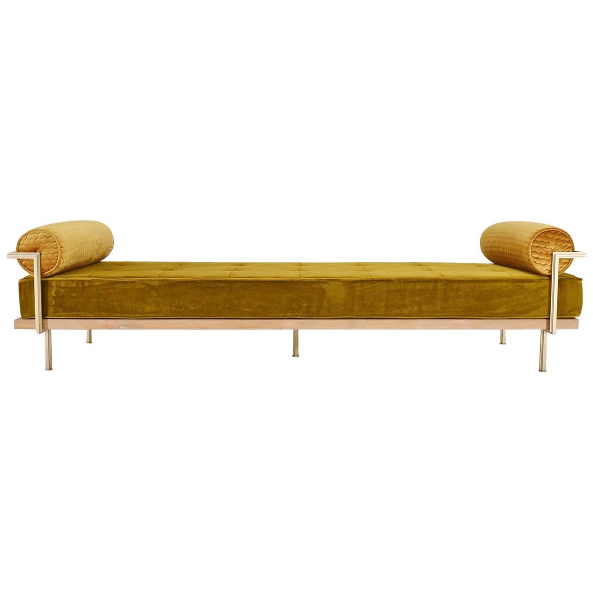 Bespoke Double Daybed in Reclaimed Hardwood and Solid Brass Frame