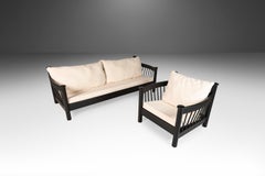 Ebonized Barrel Back Four Seat Sofa and Lounge Chair in New Bouclé, USA, 1970's