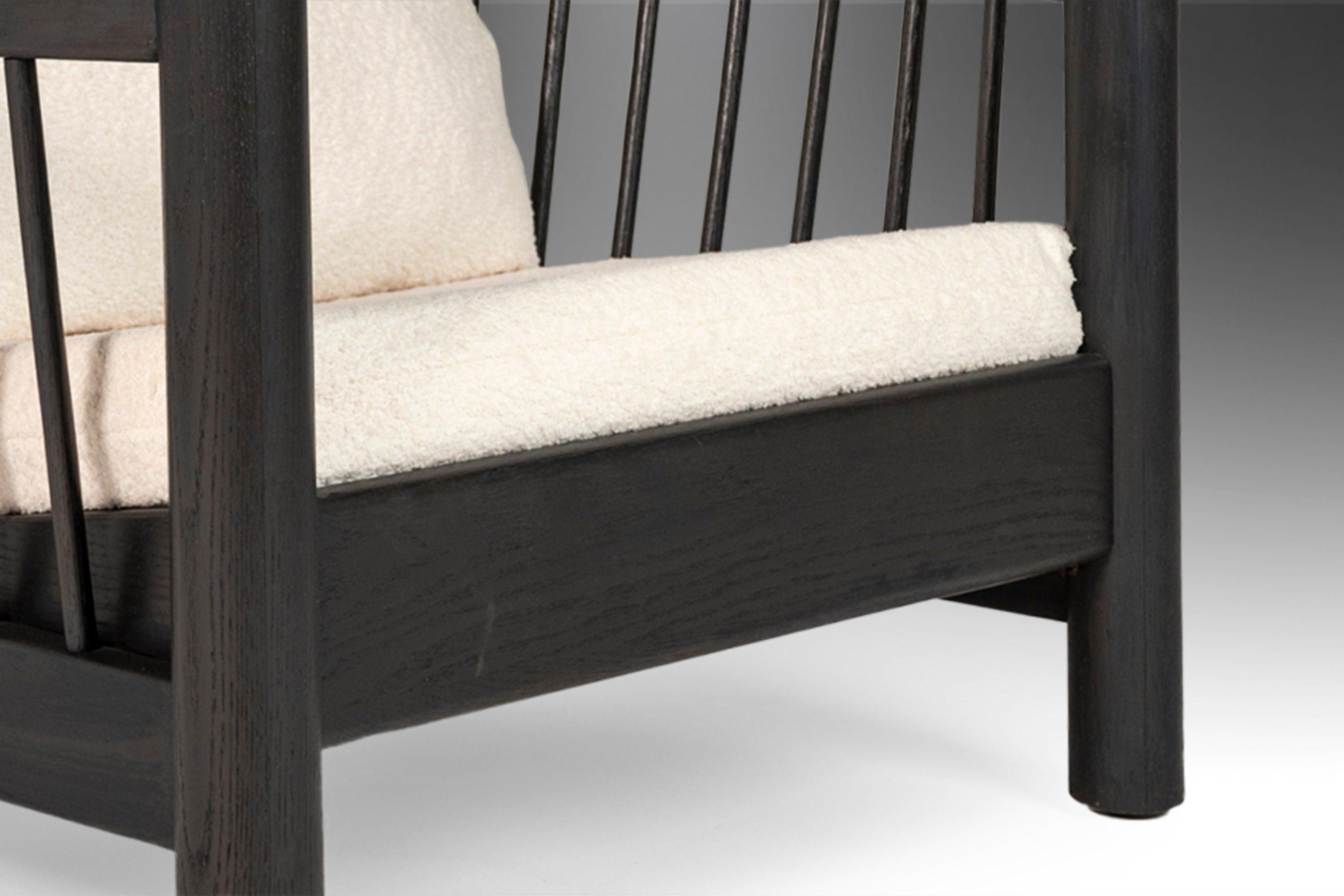 Oak Bespoke Ebonized Barrel Back Lounge Chair Newly Upholstered in White Bouclé, USA For Sale