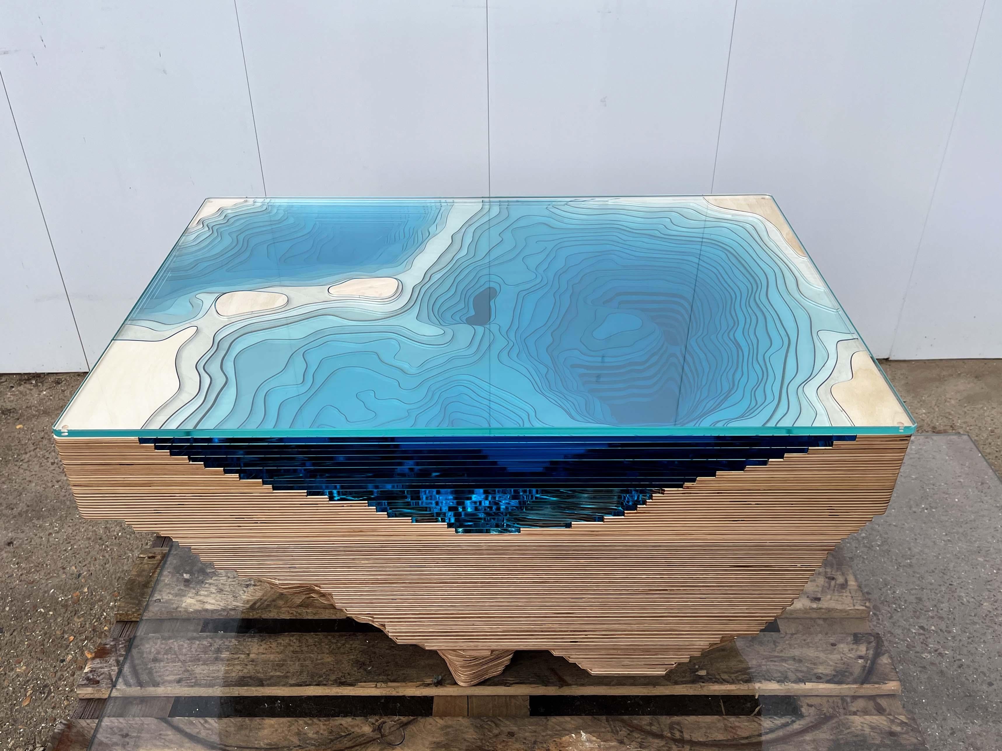 British Modern Coffee Table in Wood & Glass Unique Edition For Sale