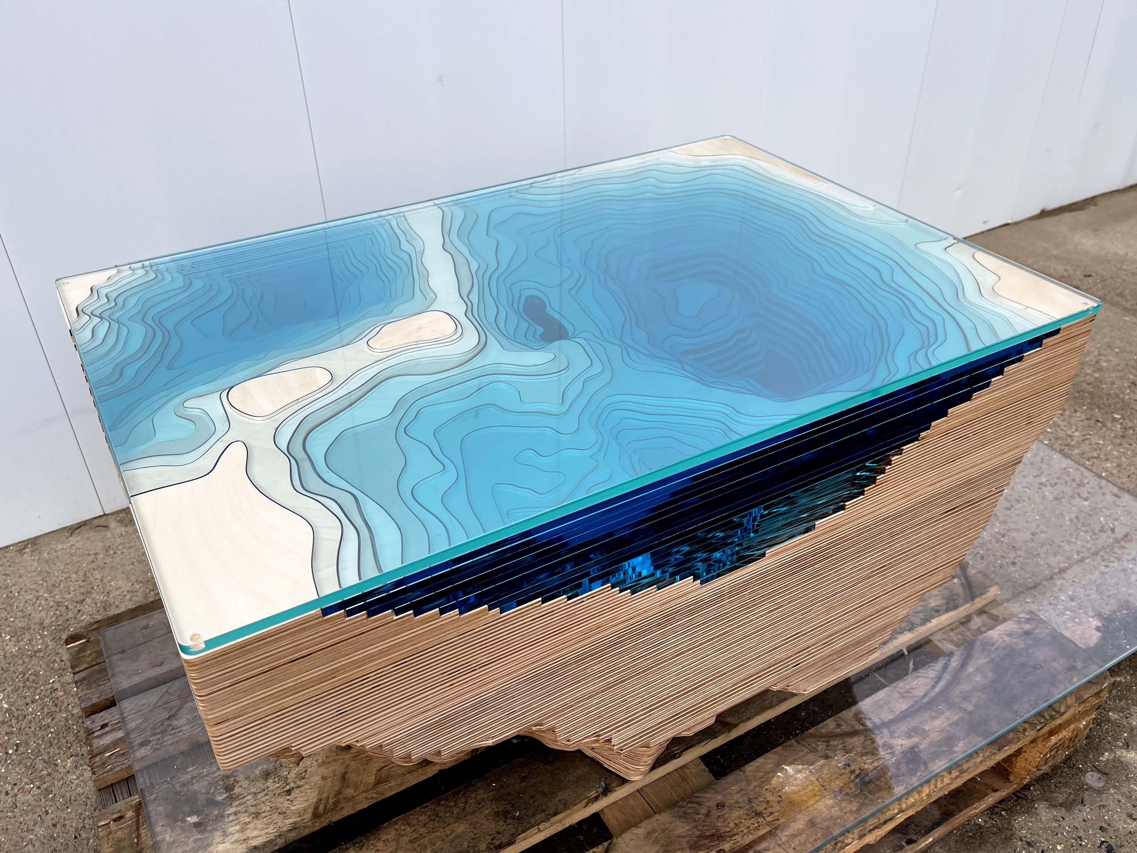 Contemporary Modern Coffee Table in Wood & Glass Unique Edition For Sale