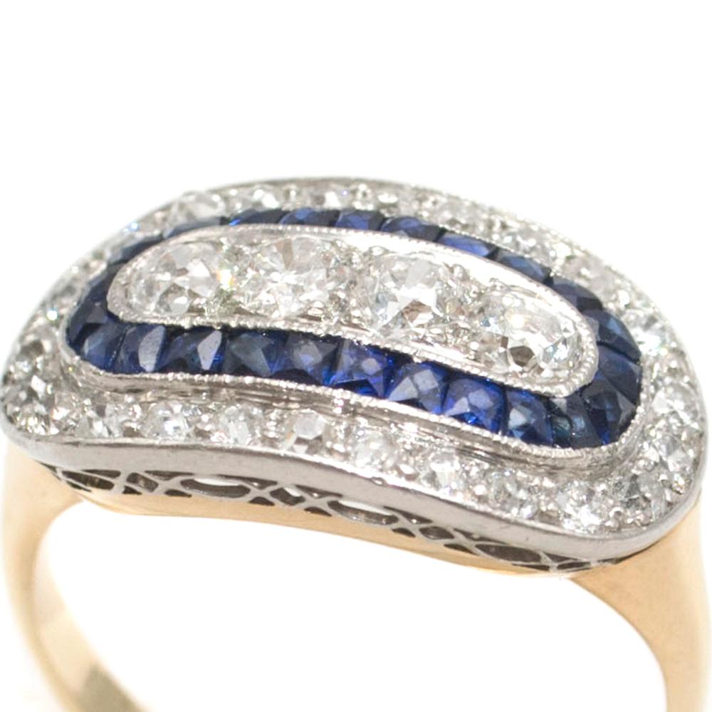 Bespoke Edwardian 1910 French Cut Sapphire & Diamond Ring - Size 5 In Excellent Condition For Sale In London, GB