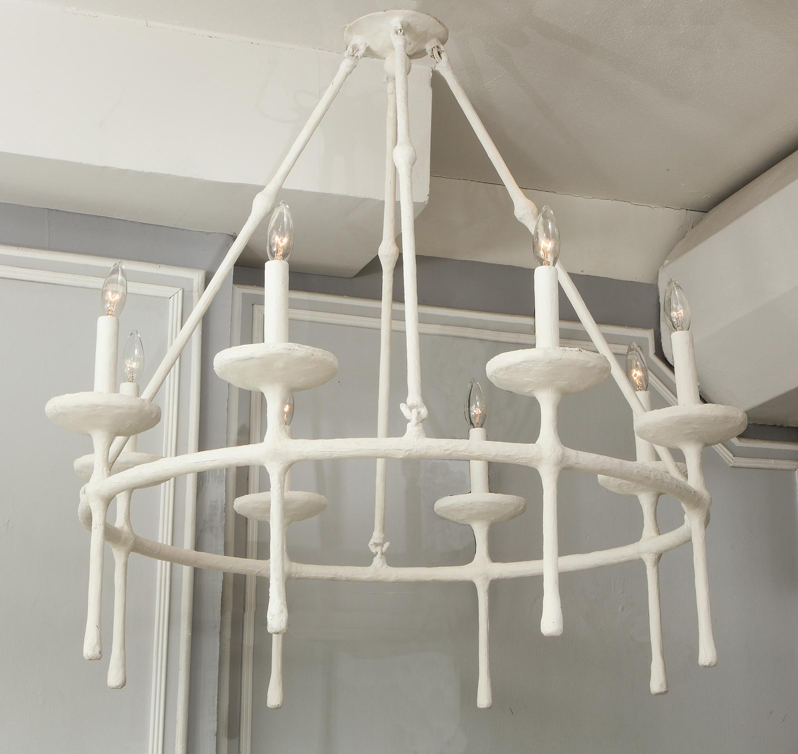 Bespoke eight-arm plaster fixture 
Please note that this fixture takes (8) E-12 candelabra bulbs, 40 watts each.
This chandelier can be customized in any size. Production Lead time is 8-10 weeks.
We currently have one in stock. 
NOTE:  We highly