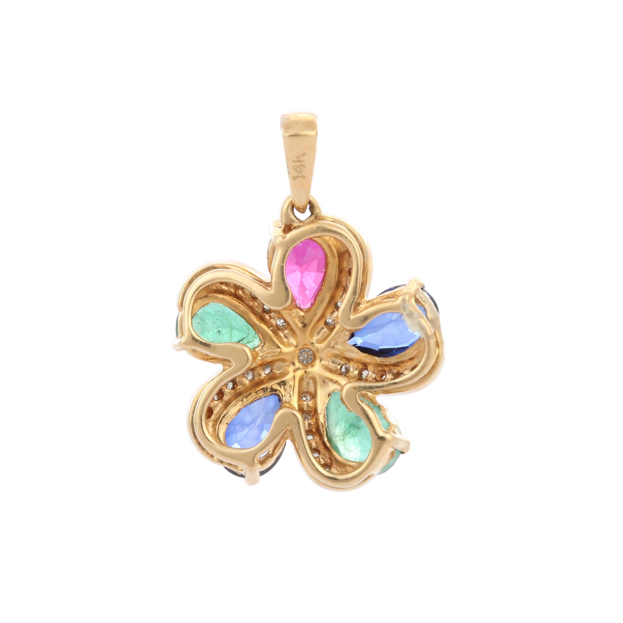 Art Deco Bespoke Emerald, Ruby, Sapphire and Diamond Flower Pendant in 18k Yellow Gold For Sale