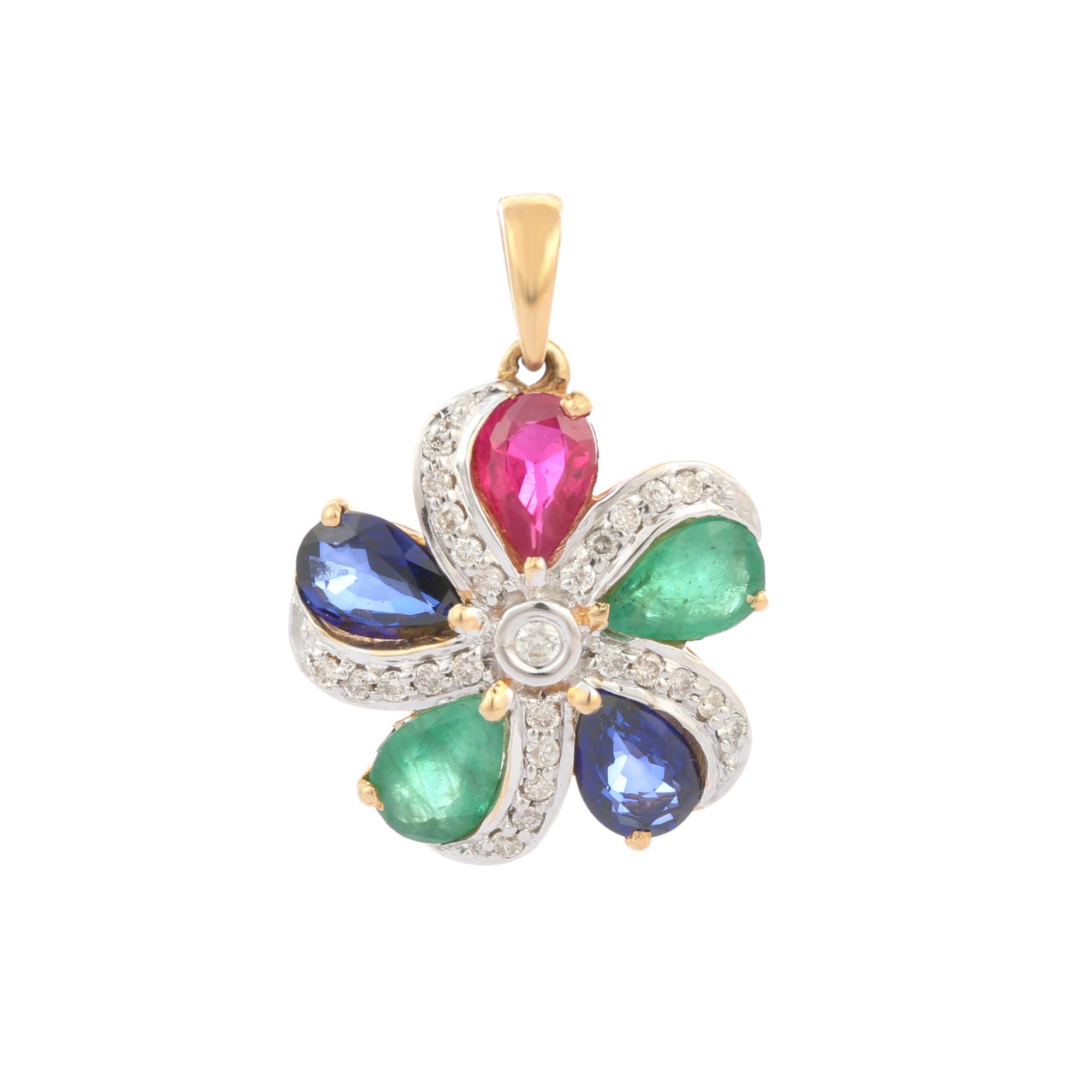 Bespoke Emerald, Ruby, Sapphire and Diamond Flower Pendant in 18k Yellow Gold In New Condition For Sale In Houston, TX