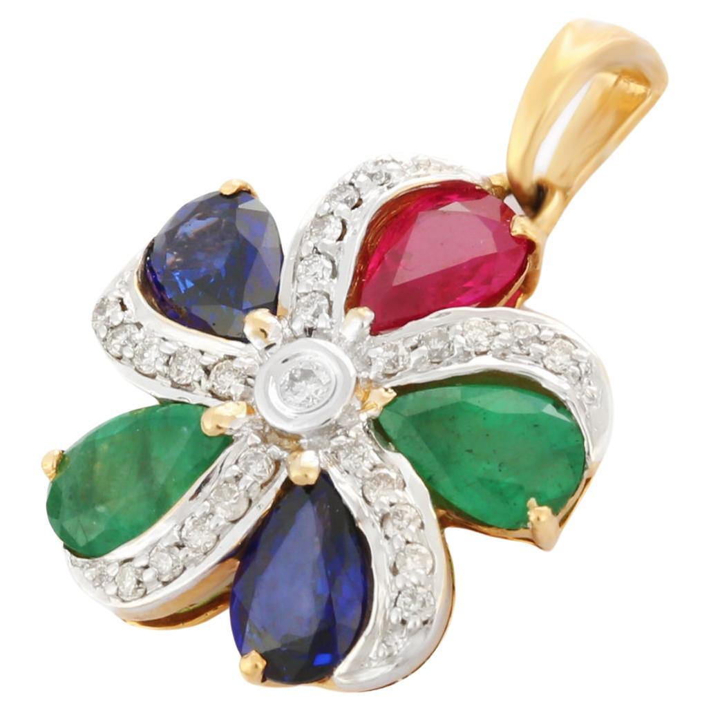 Pendentif en or jaune 18 carats avec fleur en émeraude, rubis, saphir et diamant sur mesure