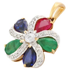 Bespoke Emerald, Ruby, Sapphire and Diamond Flower Pendant in 18k Yellow Gold