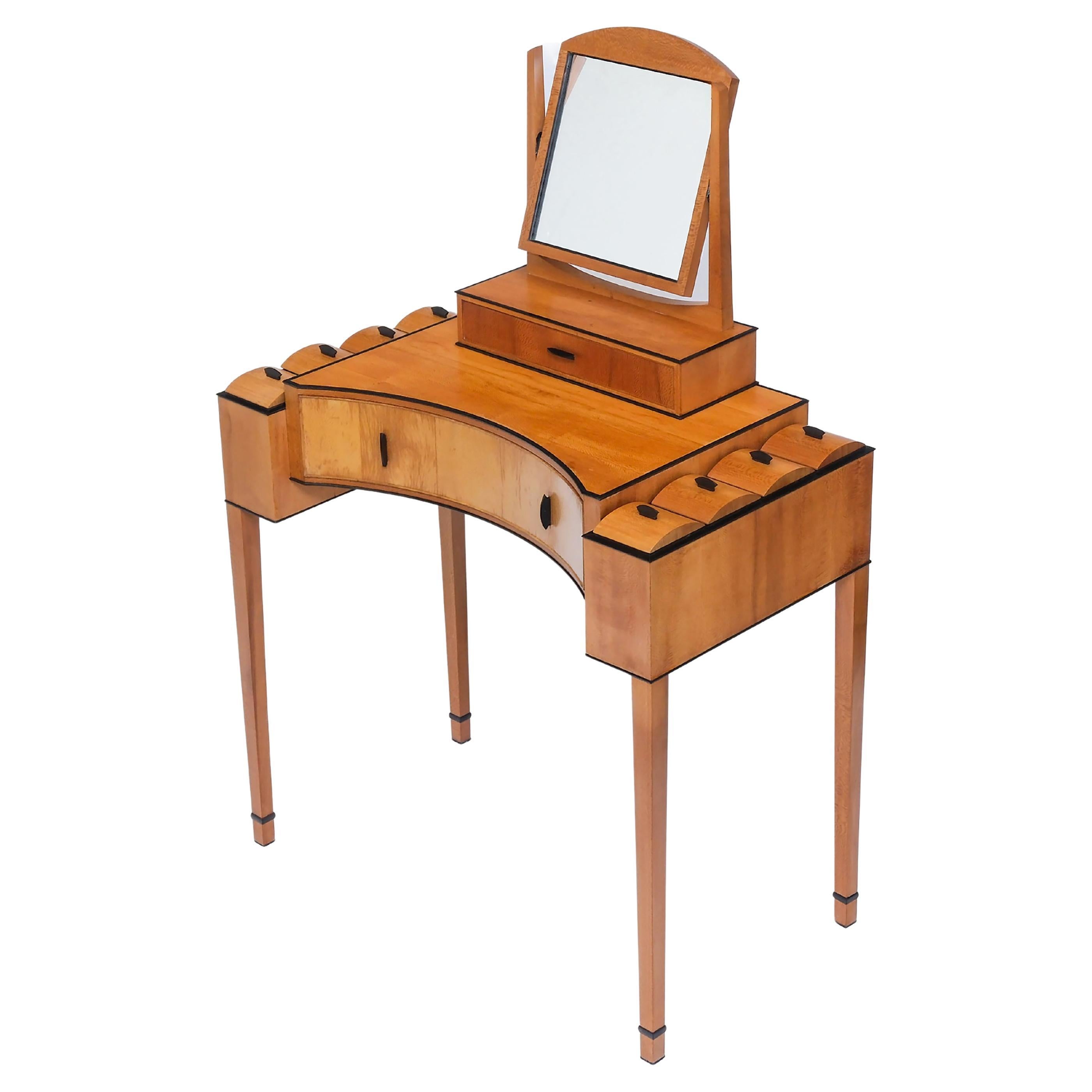 Bespoke English Art Deco Revival London Plane & Ebony Vanity Dressing Table 1984