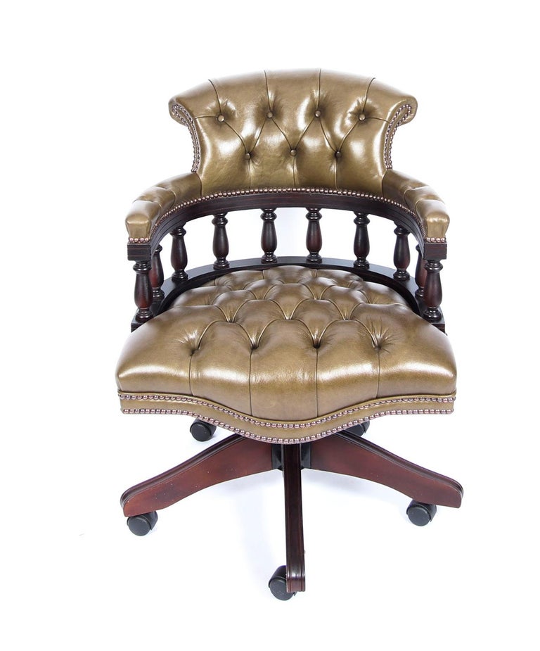 Bespoke English Handmade Leather Captains Desk Chair Olive Green For Sale at 1stdibs