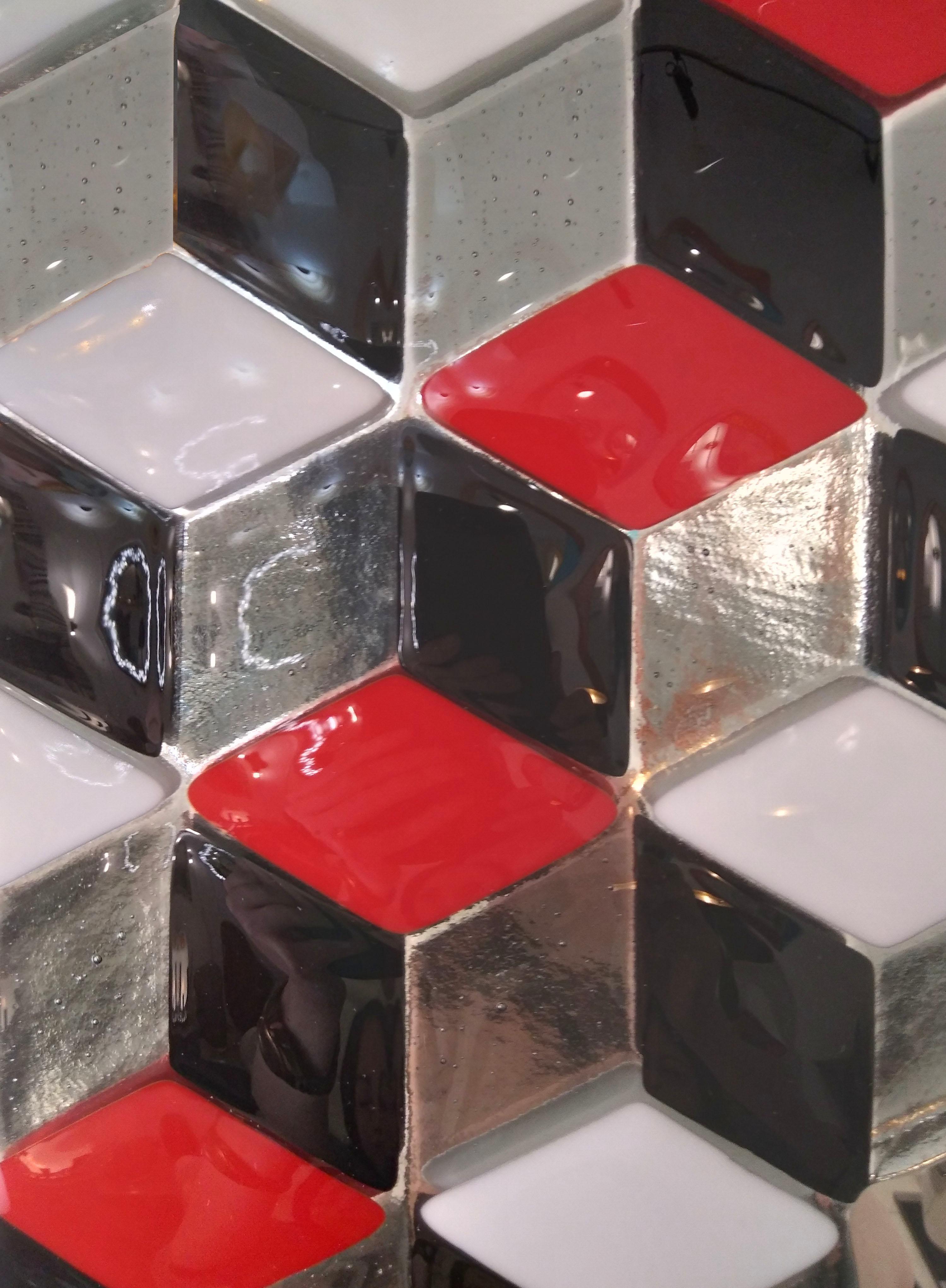 Bespoke Escher Inspired Italian Red Black White Smoked Murano Glass Satin Mirror For Sale 2