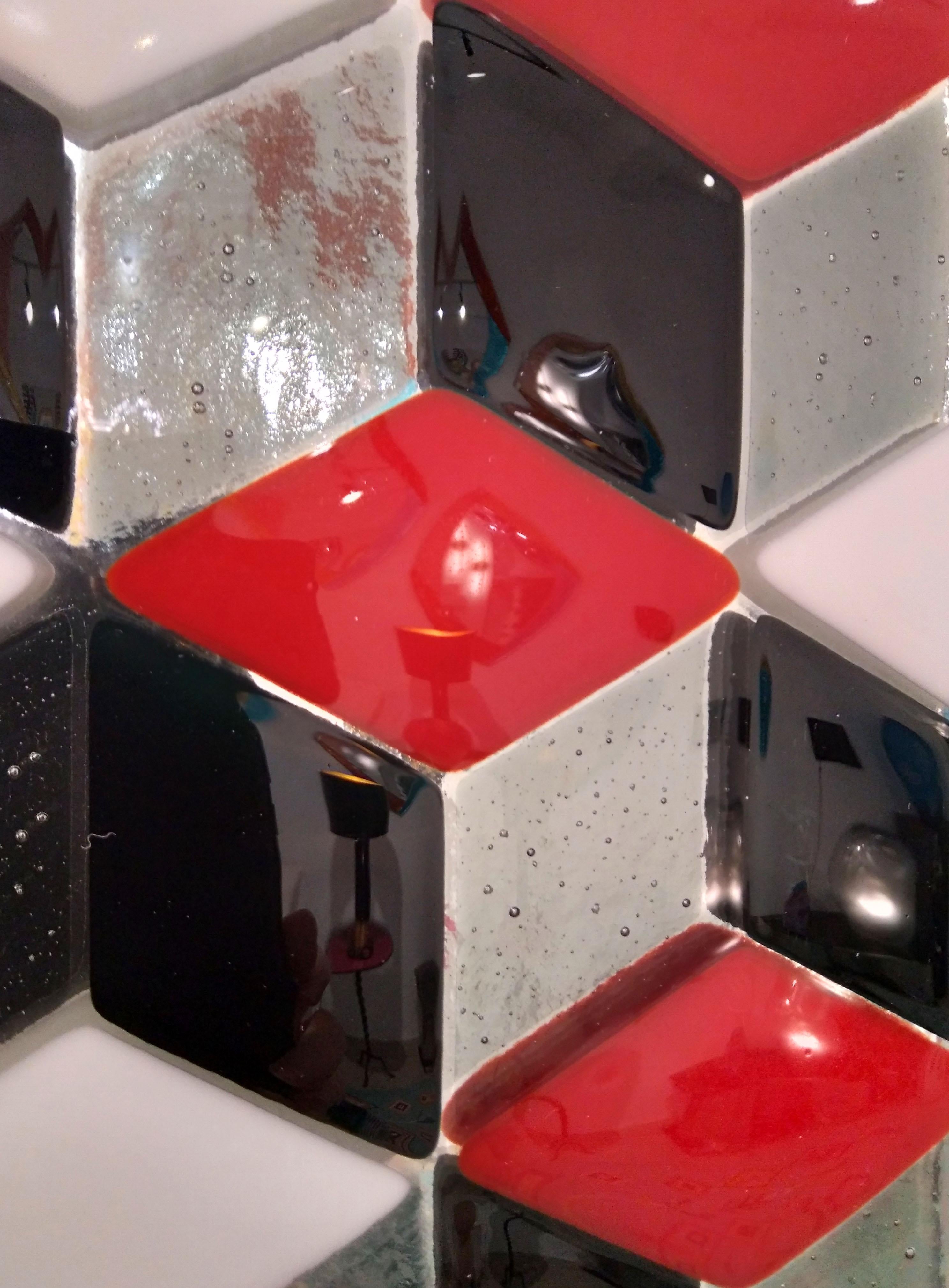 Hand-Crafted Bespoke Escher Inspired Italian Red Black White Smoked Murano Glass Satin Mirror For Sale