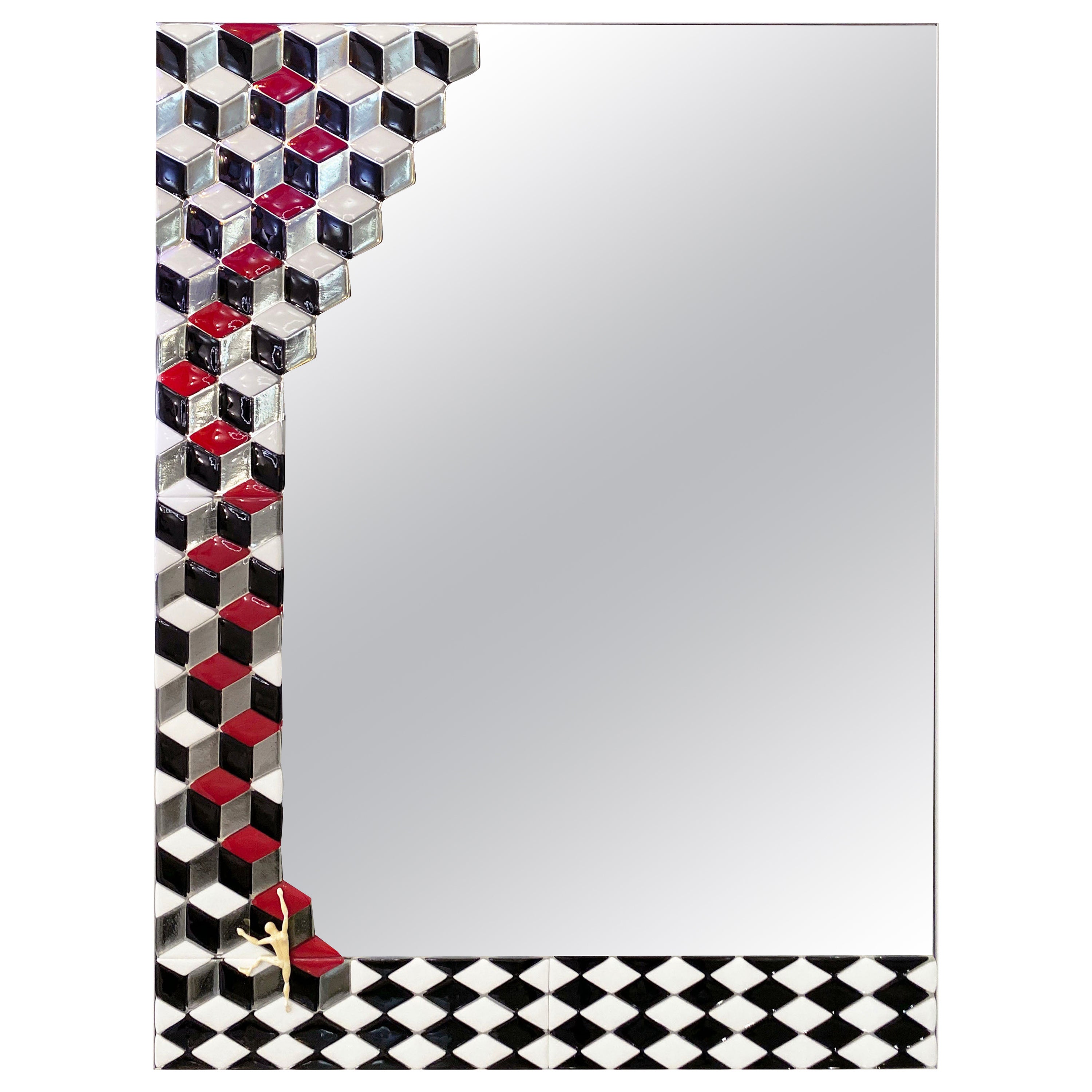 Maßgeschneiderter, von Escher inspirierter italienischer rot-schwarz-weiß geräucherter Murano-Glas-Satin-Spiegel im Angebot